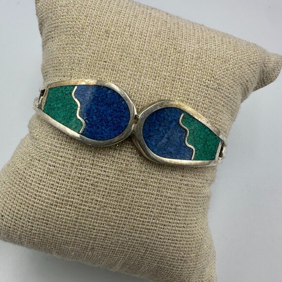 Vintage Alpaca Silver Bracelet Blue Green Inlay Geometric Hinged Cuff 7 Inch - Picture 1 of 15